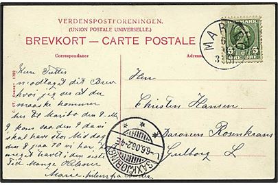 5 øre Chr. IX på brevkort annulleret med lapidar stempel Maribo d. 6.6.1906 via Saxkjøbing til Guldborg F.