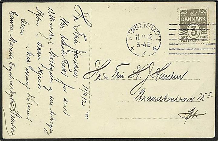 3 øre Bølgelinie på lokalt brevkort annulleret med forsøgs maskinstempel Kjøbenhavn KKB d. 11.9.1912.