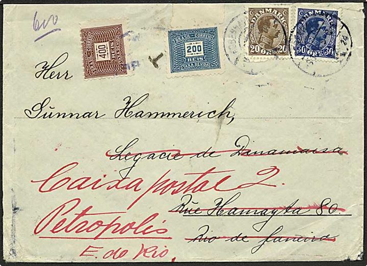 20 øre og 30 øre Chr. X på brev fra København d. 9.1.1926 til Rio de Janeiro, Brasilien. Eftersendt til Petropolis og påsat 200 reis og 400 reis portomærker.