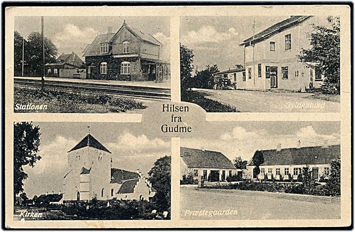 Gudme, Hilsen fra med jernbanestationen, Gyldenlund, kirke og præstegård. H. Schmidt u/no.