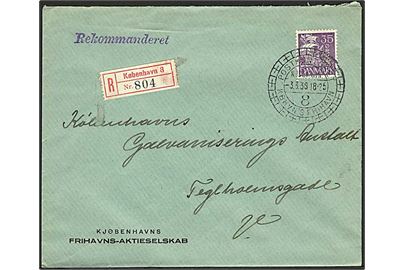 35 øre Karavel med perfin K.F. single på lokalt anbefalet brev fra Kjøbenhavns Frihavns-Aktieselskab stemplet København 8 d. 3.3.1938 til Kbh. V.