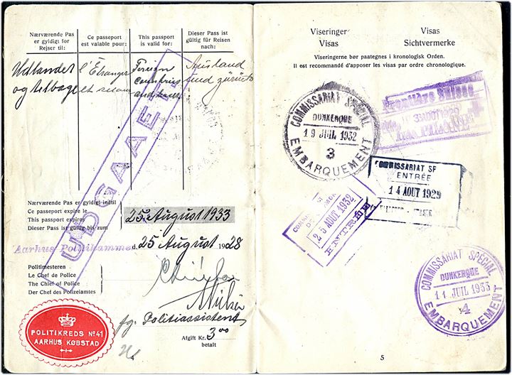 Rejsepas med foto udstedt i Aarhus 1928. Stempler bl.a. for rejse til Frankrig og Italien. Olaf O. Barfod & Co.