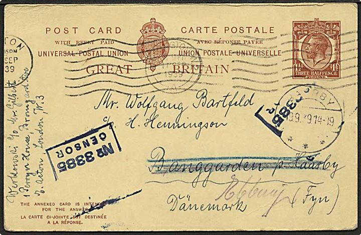 Engelsk 1½d+1½d George V dobbelt helsagsbrevkort fra Kensington d. 11.9.1939 til Haarby, Danmark - eftersendt til Ebberup. Tidlig britisk censur no. 3385. Vedhængende ubenyttet svardel.