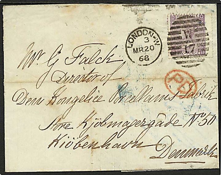 6d Victoria på brev fra London d. 20.3.1868 til København, Danmark.