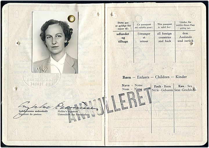 Pas med foto af kvindelig korrespondent udstedt i København 1956. Flere viseringer og stempelmærker fra Iran. L. Levison Junr.
