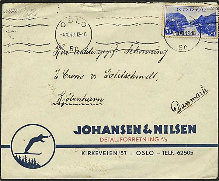 30 øre Turist udg. på illustreret kuvert fra Oslo d. 4.10.1940 til København, Danmark. Åbnet af tysk censur i Oslo.