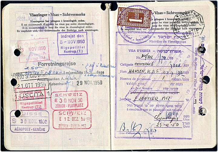 Pas med foto udstedt i København 1950 med mange viseringer og stempelmærker fra bl.a. Israel og Military Permit Office. A/S Olaf O. Barfod & Co.