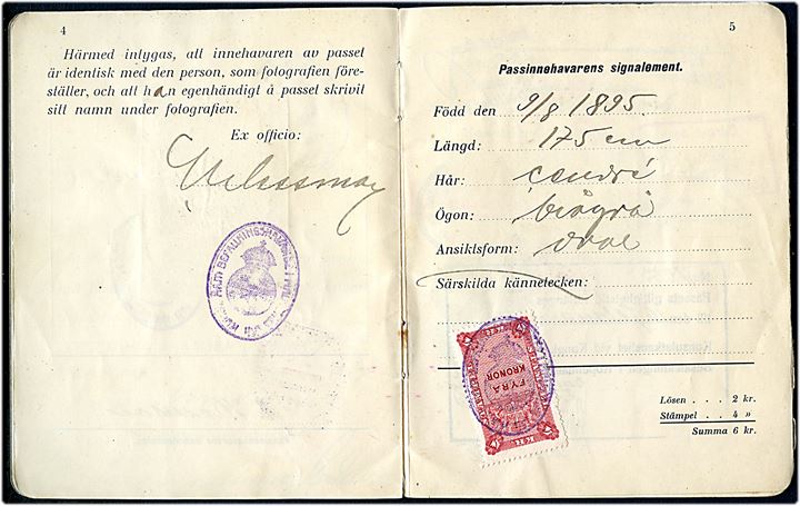 Svensk pas med foto udstedt i Malmö 1923 med flere svenske stempelmærker. 