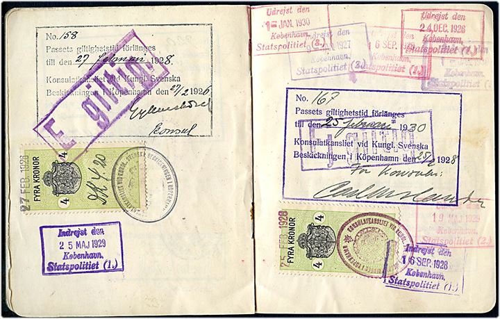 Svensk pas med foto udstedt i Malmö 1923 med flere svenske stempelmærker. 