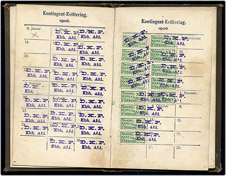 Dansk Karetmagerforbund medlemsbog udstedt i København 1906 med kontingentmærker fra 1906. Løse sider.