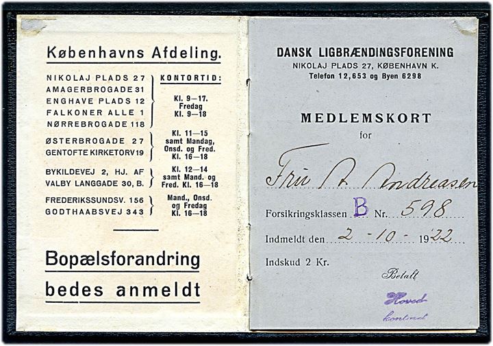 Dansk Ligbrændingsforening Medlemskort med kvitteringsmærker for 1940-1942.