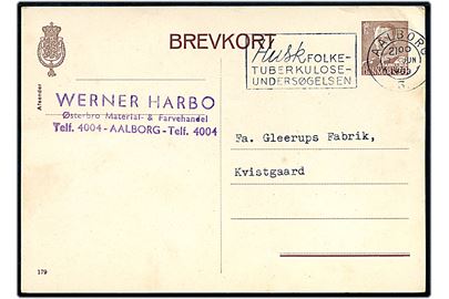 20 øre Fr. IX helsagsbrevkort (fabr. 179) annulleret med TMS Husk Folketuberkulose-undersøgelsen/Aalborg 3. d. 7.6.1953 til Kvistgaard. 