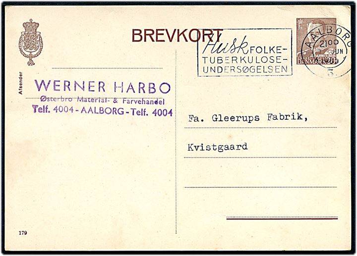 20 øre Fr. IX helsagsbrevkort (fabr. 179) annulleret med TMS Husk Folketuberkulose-undersøgelsen/Aalborg 3. d. 7.6.1953 til Kvistgaard. 