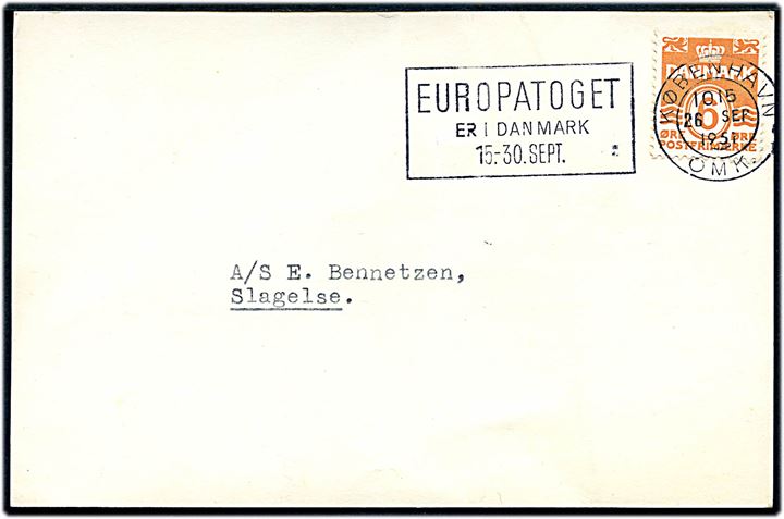6 øre Bølgelinie på tryksagskort annulleret med TMS Europatoget er i Danmark 15.-30.Sept./København OMK. d. 26.9.1951 til Slagelse.