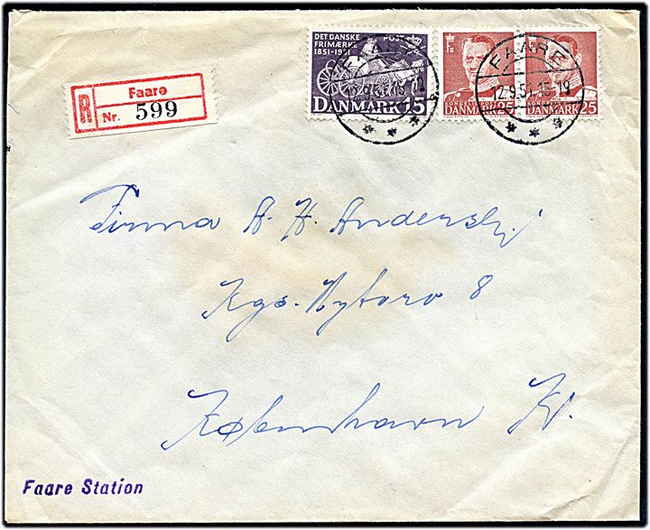 15 øre Frimærkejubilæum og 25 øre Fr. IX i parstykke på anbefalet brev fra Faare d. 12.9.1951 til København. Liniestempel: Faare Station.