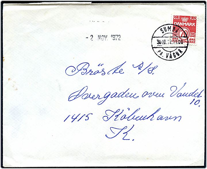70 øre Bølgelinie på brev annulleret med pr.-stempel Sumba pr. Vágur d. 30.10.1972 til København.