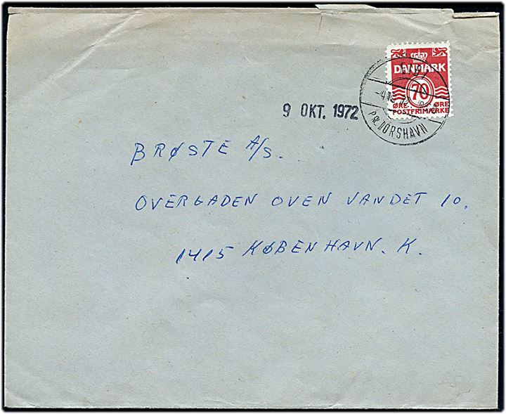 70 øre Bølgelinie på brev annulleret med pr.-stempel Eidi pr. Tórshavn d. 4.10.1972 til København.