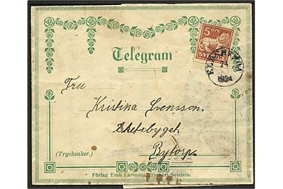 5 öre Løve på Lyckönsknings-Telegram fra Eldsberga d. 24.7.1924 til Bytorp. 