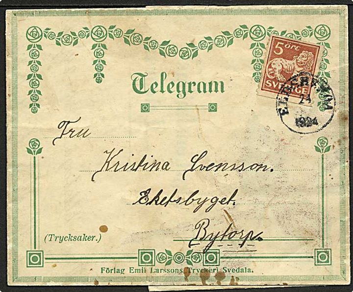 5 öre Løve på Lyckönsknings-Telegram fra Eldsberga d. 24.7.1924 til Bytorp. 
