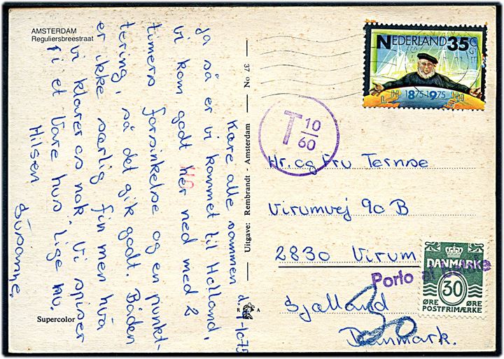 35 c. på underfrankeret brevkort fra s' Gravenhage d. 1.10.1975 til Virum, Danmark. Udtakseret i porto med 30 øre Bølgelinie annulleret Porto at betale.