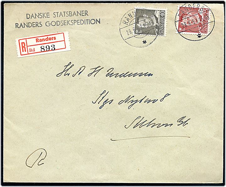 25 øre og 40 øre Fr. IX på anbefalet brev fra Randers d. 28.6.1951 til København. Afs-stempel: Danske Statsbaner Randers Godsekspedition.