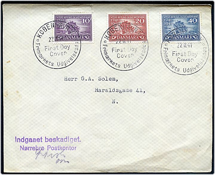 Komplet sæt VitusBering på FDC sendt lokalt i København d. 27.11.1941. Lille rift i overkanten og stemplet Indgaaet beskadiget. / Nørrebro Postkontor.