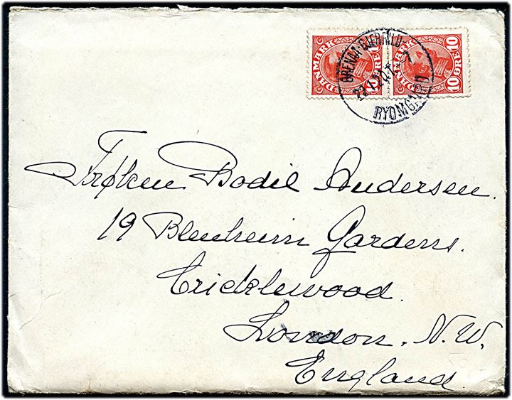 10 øre Chr. X i parstykke på brev annulleret med vanskeligt brotype IIIe bureaustempel Grenaa - Gjerrild - Ryomgaard T.7 d. 22.1.1920 til London, England.