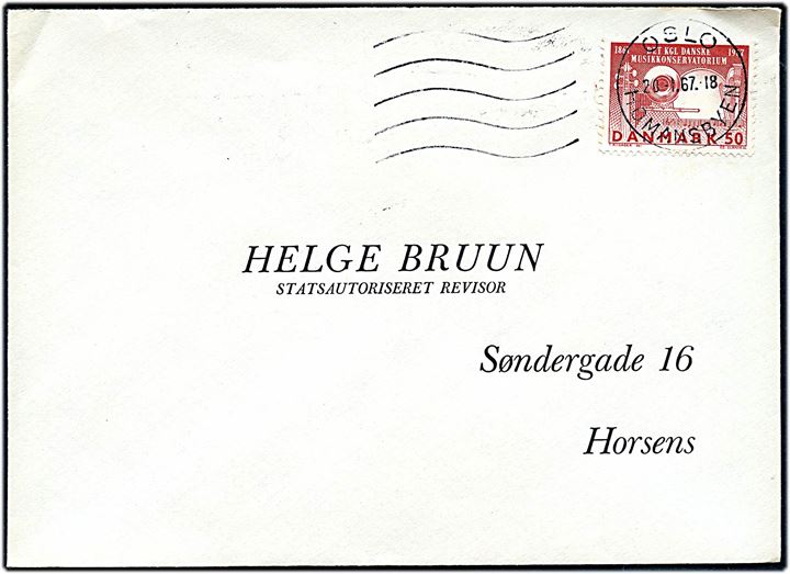 50 øre Det kgl. danske Musikkonservatorium single på brev annulleret med norsk stempel Oslo Homansbyen d. 22.1.1967 til Horsens, Danmark.