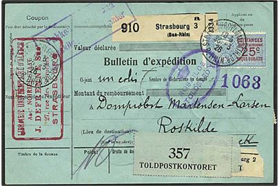11,05 fr. blandingsfrankeret adressekort med 25 c. fiskal mærke fra Strasbourg d. 25.3.1926 til Roskilde, Danmark.