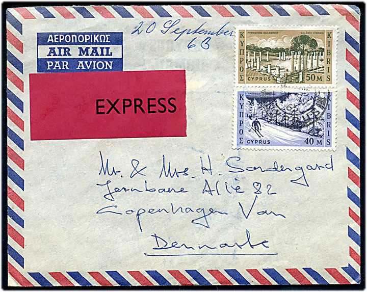 40 m. og 50 m. på ekspres luftpostbrev fra Limassol d. 20.9.1963 til København, Danmark. 