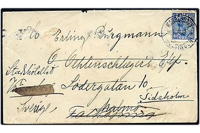 40 øre Chr. X med perfin T.K. (Theo Kliatschko) på brev annulleret med uldent bureaustempel Kjøbenhavn - Helsingør T.435 d. 10.4.1924 til Malmö, Sverige - eftersendt flere gange.