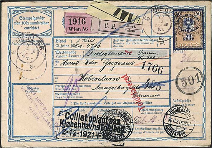Østrigsk 40 h. adressekort med 360 h. porto betalt kontant fra Wien d. 19.11.1921 til København, Danmark.