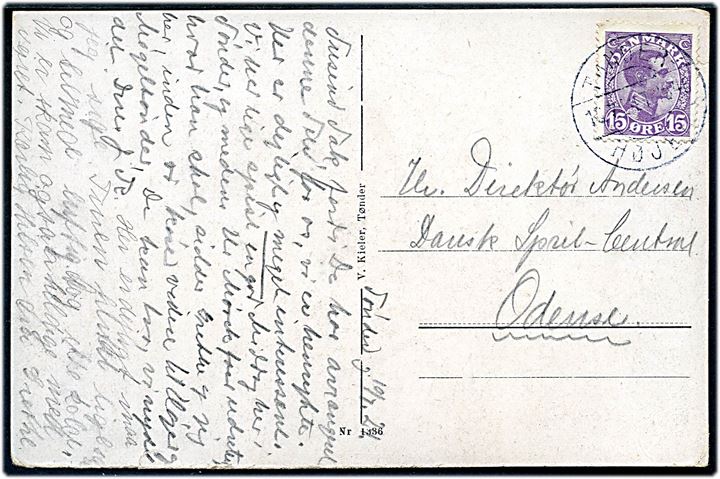 15 øre Chr. X på brevkort fra Tønder annulleret med bureaustempel Tønder - Højer T.1545 d. 10.7.1924 til Odense.