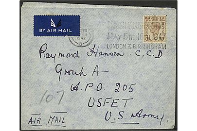 5d George VI på luftpostbrev fra Birmingham d. x.2.1947 til censor ved Group A, Civil Censorship Division APO 205 i Tyskland.