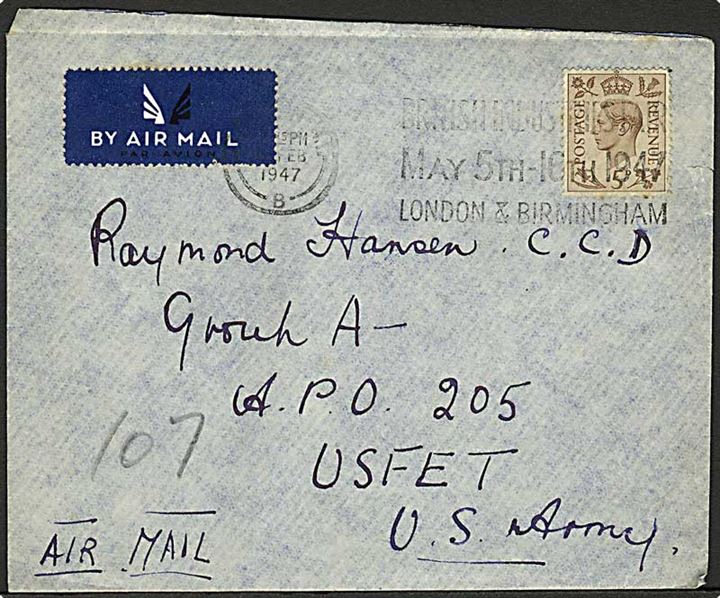 5d George VI på luftpostbrev fra Birmingham d. x.2.1947 til censor ved Group A, Civil Censorship Division APO 205 i Tyskland.