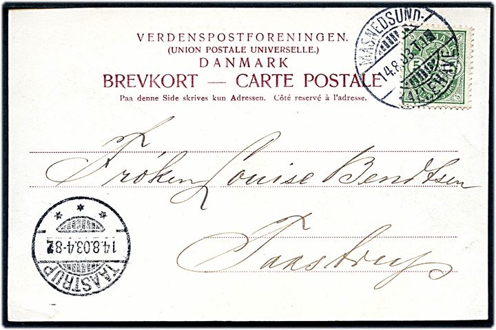 5 øre Våben på brevkort annulleret med bureaustempel Masnedsund - Kallehave T.1 d. 14.8.1903 til Taastrup.