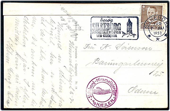 20 øre Fr. IX på brevkort annulleret Silkeborg d. 7.7.1952 til Odense. Privat sidestempel: Silkeborg-Himmelbjerget * A/S Hjejlen *.