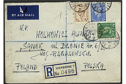 ½d, 2½d og 5d George VI på anbefalet luftpostbrev fra Sherbone d. 29.5.1947 til Sanok, Polen.
