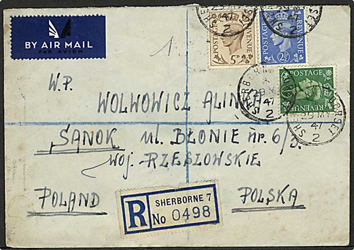 ½d, 2½d og 5d George VI på anbefalet luftpostbrev fra Sherbone d. 29.5.1947 til Sanok, Polen.