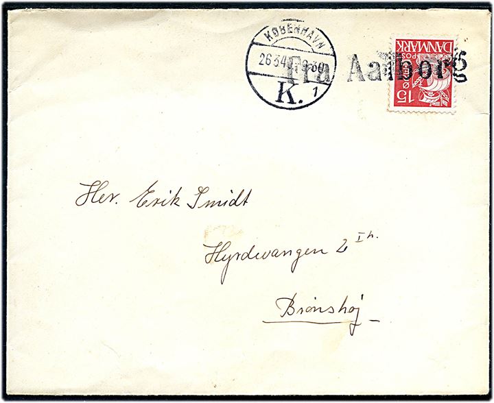 15 øre Karavel på skibsbrev annulleret Fra Aalborg og sidestemplet København d. 26.3.1940 til Brønshøj.