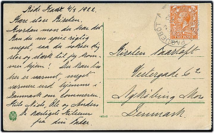2d George V på brevkort (Port Said) annulleret med skibsstempel Paquebot Aden d. 6.3.1922 til Nykøbing Mors, Danmark.