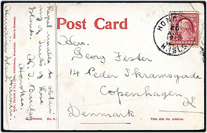 Amerikansk 2 cents Washington på brevkort stemplet Honokaa H. Isls d. 26.8.1910 til København, Danmark. Interessant forsendelse fra Hawaii. Slidt.