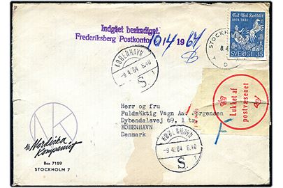 35 öre Karlfeldt på brev fra Stockholm d. 8.4.1964 til København, Danmark. Stemplet Indgået beskadiget Frederiksberg Postkontor og lukket med perganyn etiket: Lukket af postvæsenet.