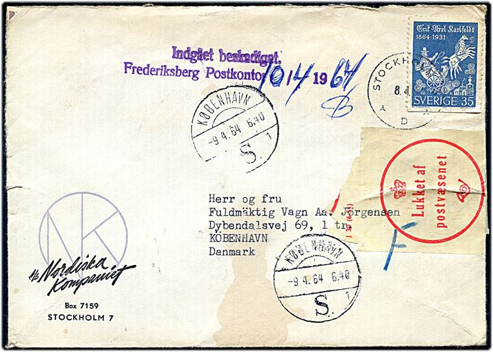 35 öre Karlfeldt på brev fra Stockholm d. 8.4.1964 til København, Danmark. Stemplet Indgået beskadiget Frederiksberg Postkontor og lukket med perganyn etiket: Lukket af postvæsenet.