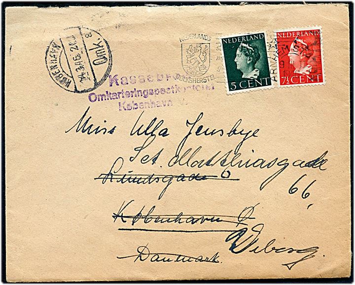 5 c. og 7½ c. på brev fra Arnhem d. 9.3.1946 til København, Danmark - eftersendt til Viborg med stempel Kassebrev Omkarteringspostkontoret København V..