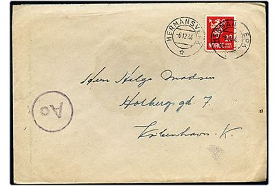 20 øre Løve på brev fra Hermansverk d. 6.12.1944 til København, Danmark. Passér stemplet Ao ved den tyske censur i Oslo.