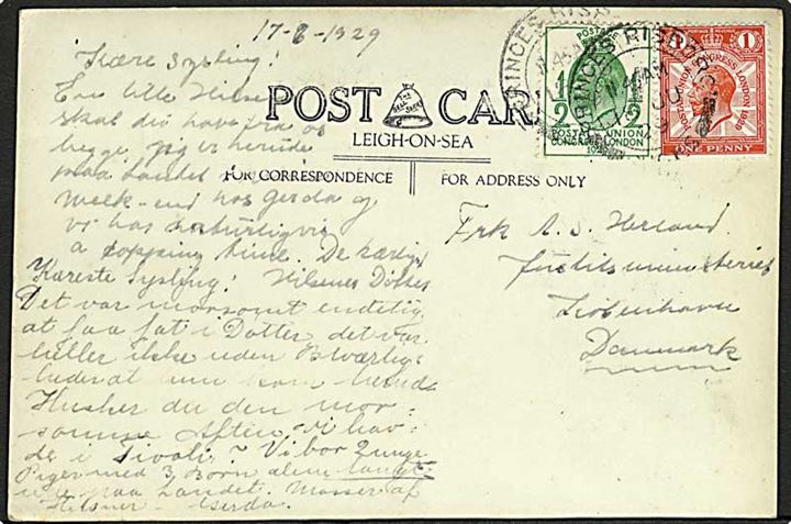 ½d og 1d Postal Union Congress på brevkort fra Princes Risboro d. 18.6.1929 til København, Danmark.