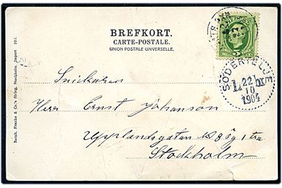 5 öre Oscar II på brevkort annulleret med skibsstempel Ångbåts PXP No. 42 (= Stockholm-Åkers Kanal - Brottby) d. 22.10.1904 og sidestemplet Södertälje d. 22.10.1904 til Stockholm.