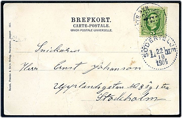5 öre Oscar II på brevkort annulleret med skibsstempel Ångbåts PXP No. 42 (= Stockholm-Åkers Kanal - Brottby) d. 22.10.1904 og sidestemplet Södertälje d. 22.10.1904 til Stockholm.