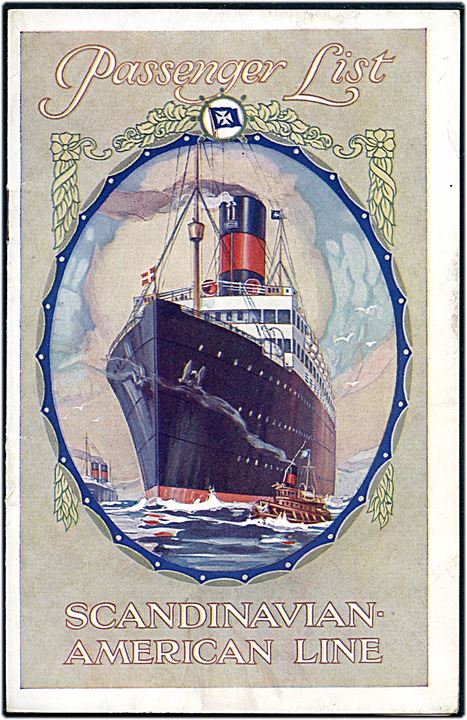 Skandinavien Amerika Linie. Passagerliste for sejlads med S/S Hellig Olav fra New York via Halifax, Christiansand, Oslo til København 1926. 12 sider med bl.a. sejlplan for 1926.